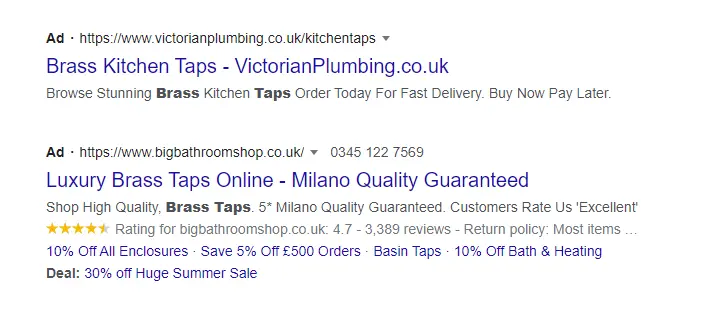 brass taps Google ads example